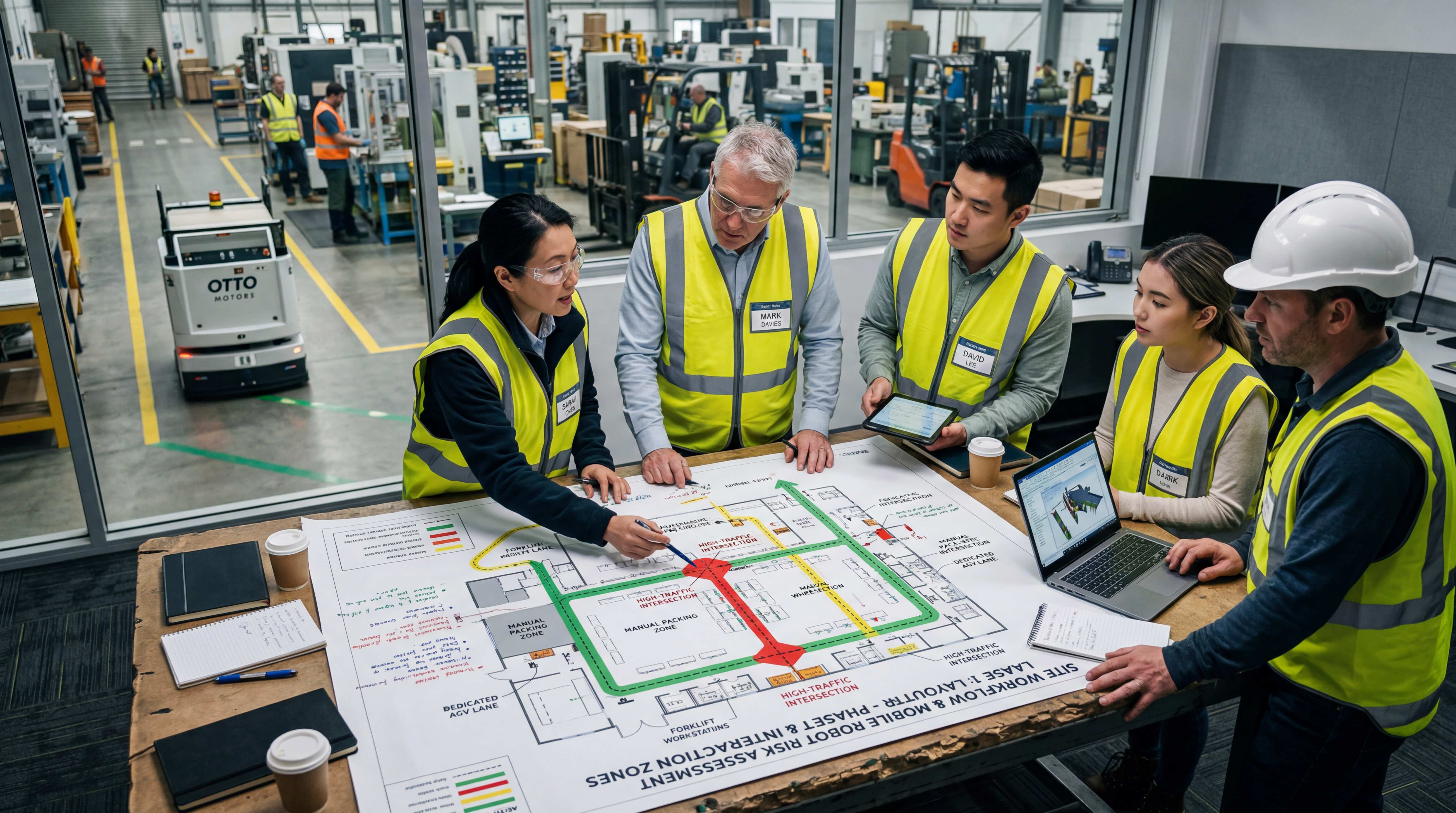 Factory team conducting mobile robot risk assessment and traffic planning for safe AMR deployment